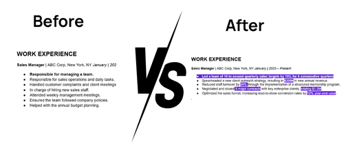 Before and after resume bullet points showing measurable impact